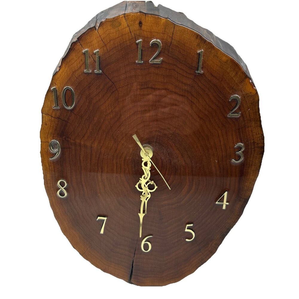 Vintage‎ Handmade Wood Slice Slab Clock Lacquered WORKS ‼️Read Desc‼️